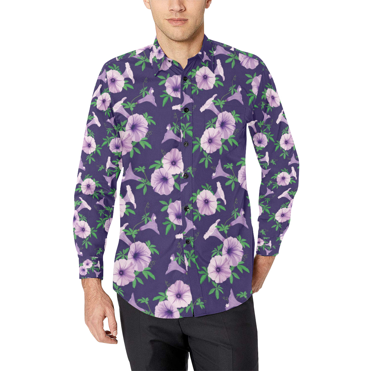 Morning Glory Pattern Print Design MG01 Men's Long Sleeve Shirt