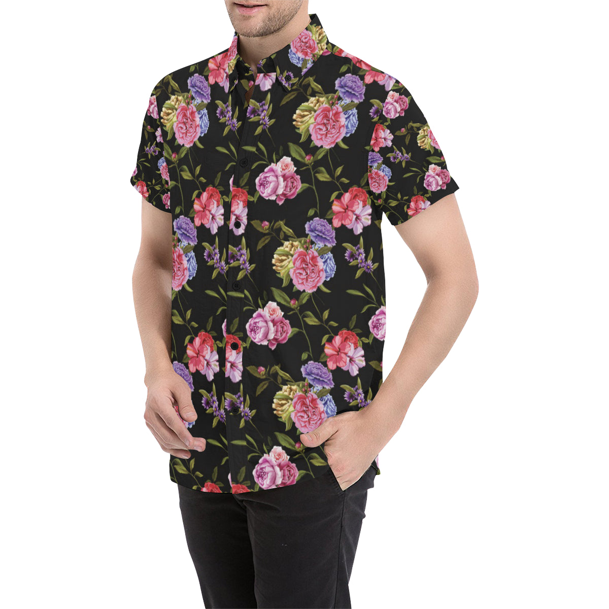 Carnations Pattern Print Design CN05 Men's Short Sleeve Button Up Shirt