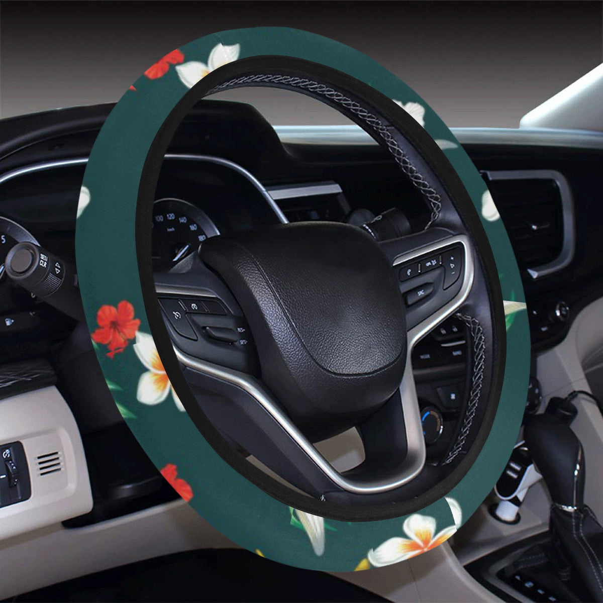 Hawaiian Flower Design with SeaTurtle Print Steering Wheel Cover with Elastic Edge