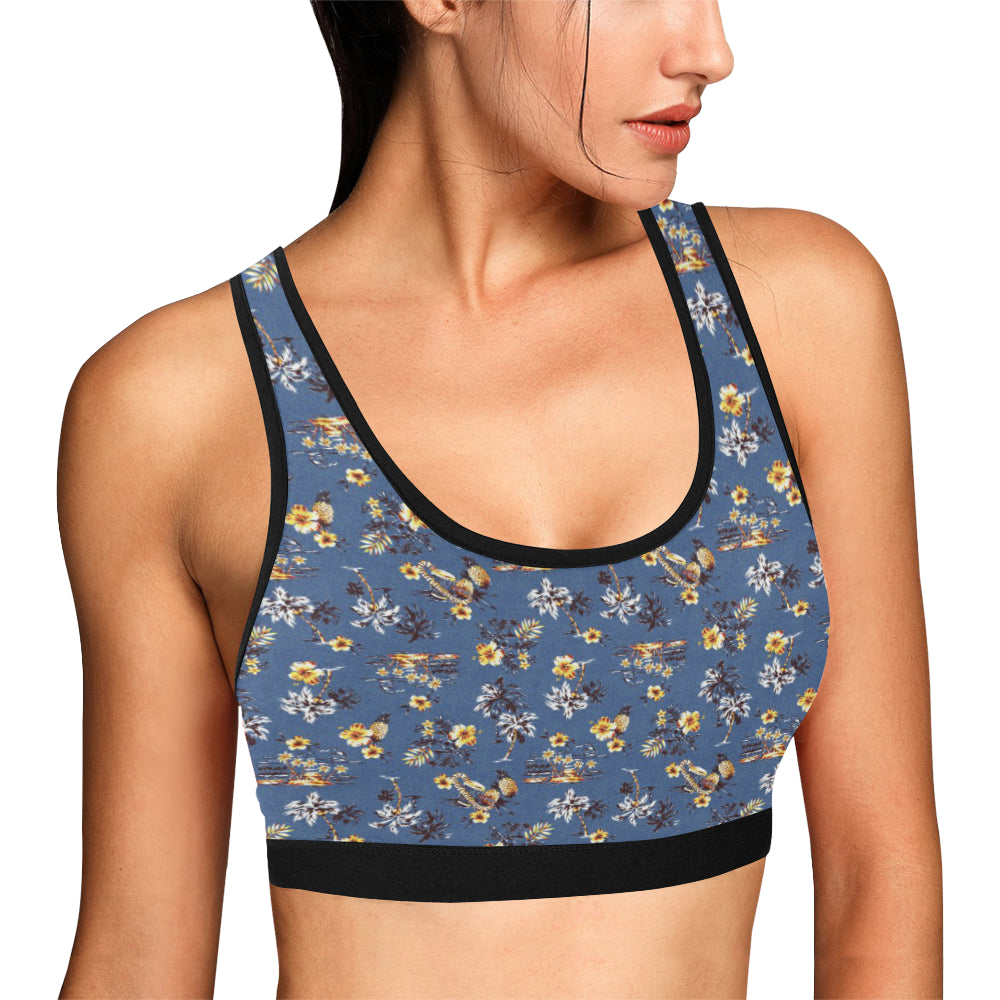 Hawaiian Flower Blue Print Sports Bra