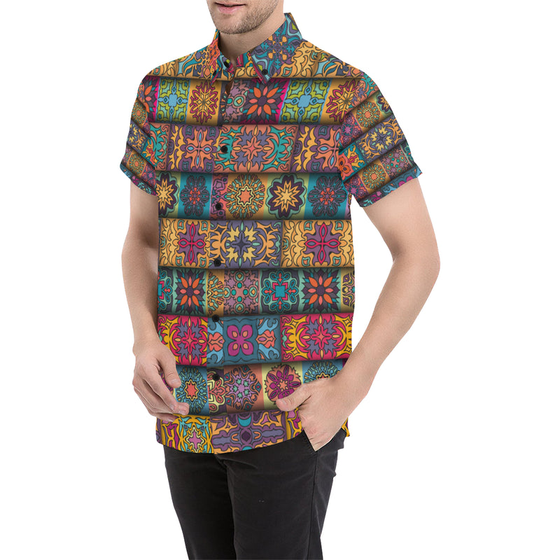 Mandala Style Design Print Men's Short Sleeve Button Up Shirt