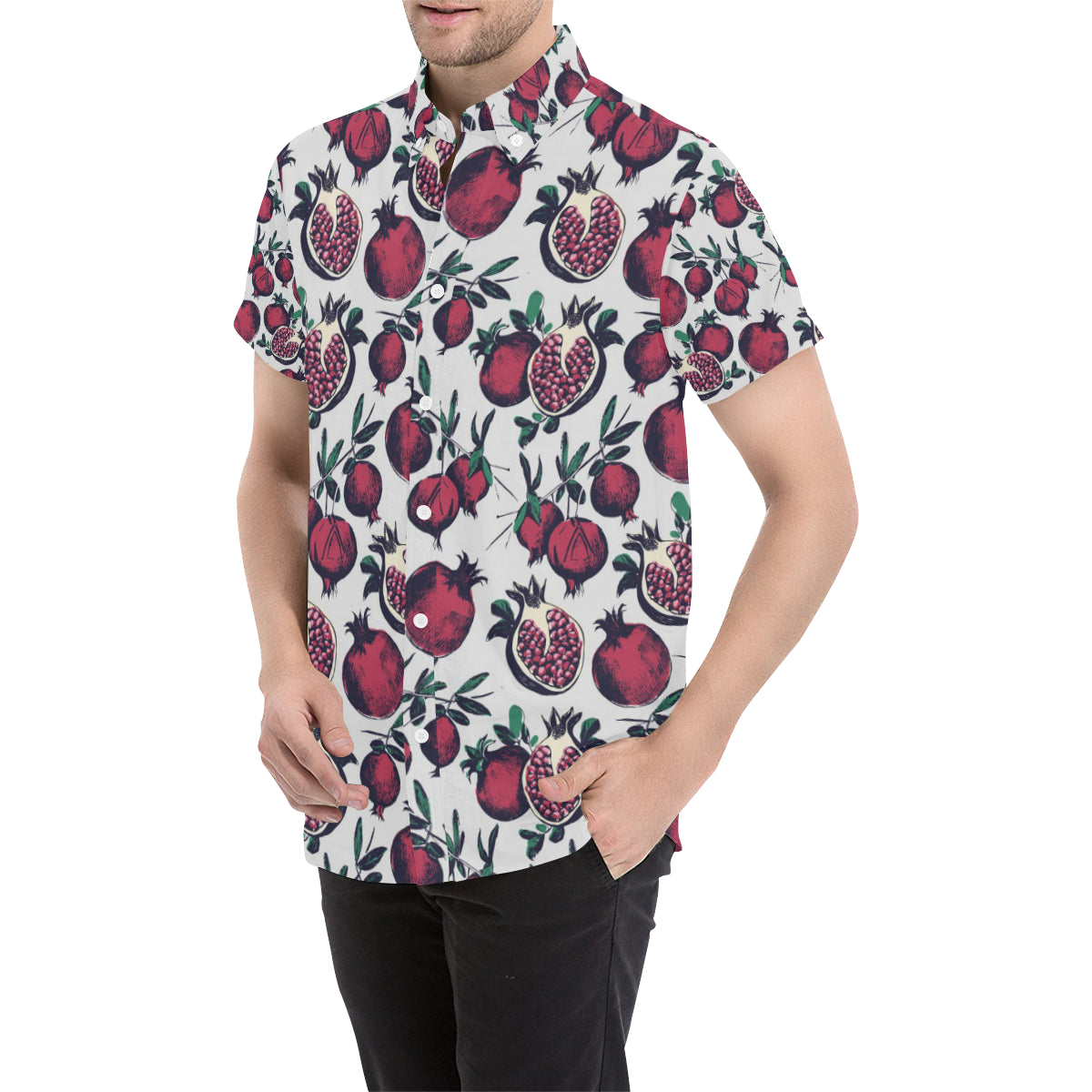 Pomegranate Pattern Print Design PG01 Men's Short Sleeve Button Up Shirt