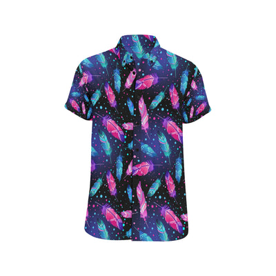 Feather Colorful Boho Design Print Men's Short Sleeve Button Up Shirt