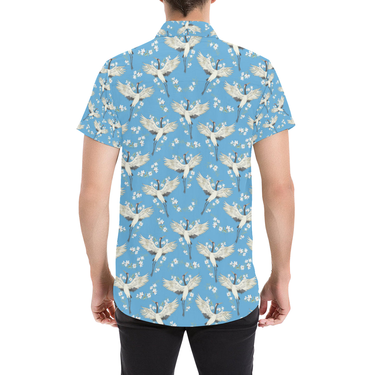 Crane Pattern Print Design 03 Men's Short Sleeve Button Up Shirt