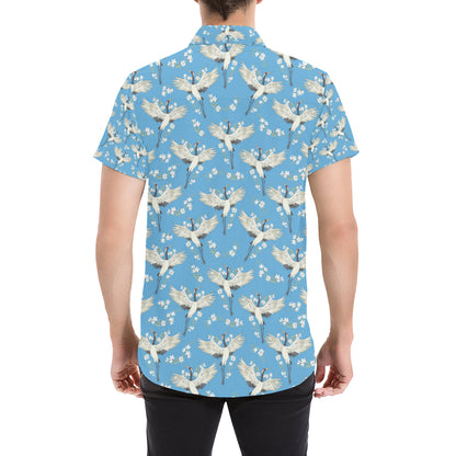 Crane Pattern Print Design 03 Men's Short Sleeve Button Up Shirt