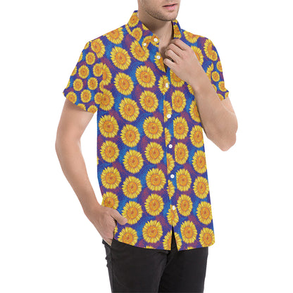 Sunflower Hand Drawn Style Print Men's Short Sleeve Button Up Shirt