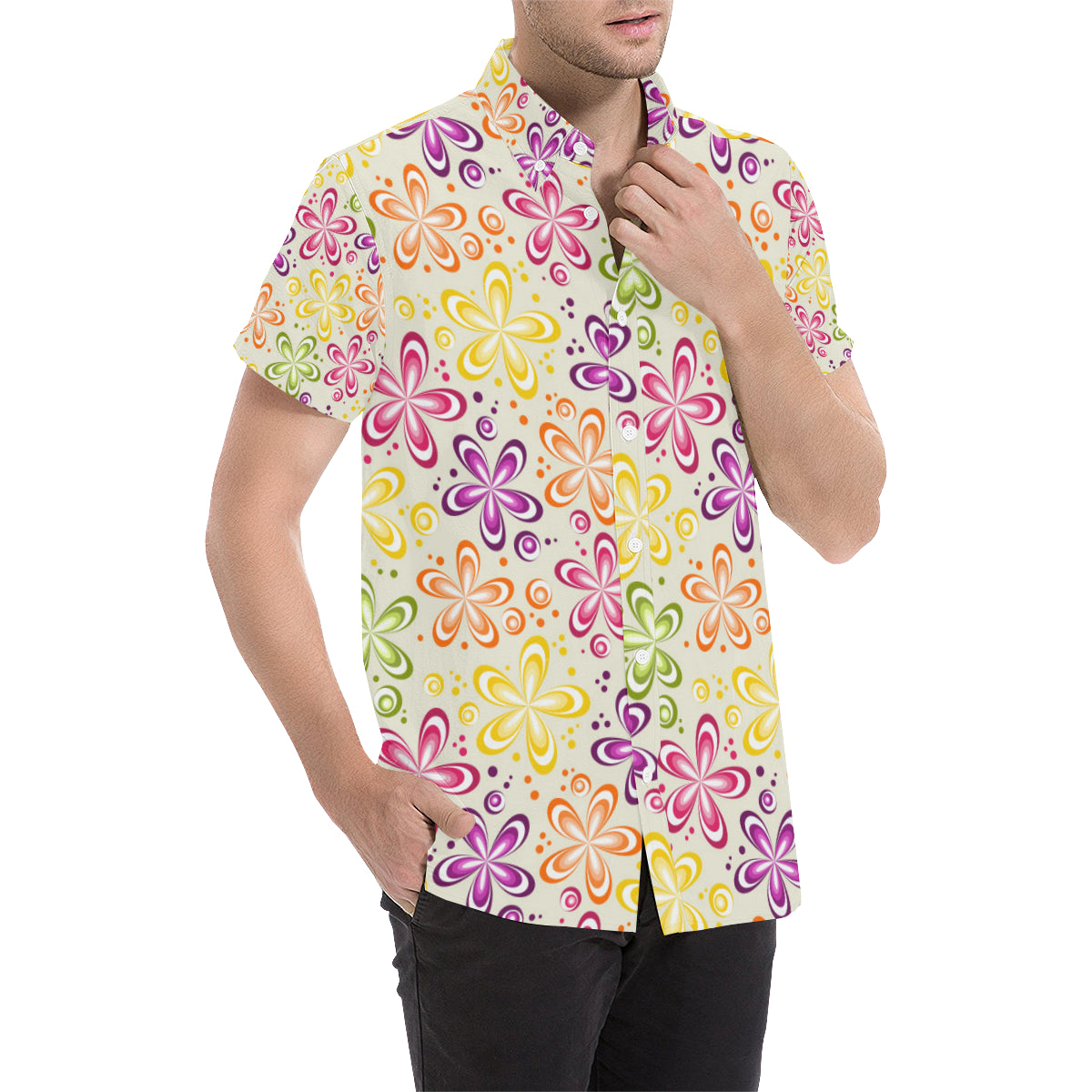 Flower Power Colorful Design Print Men's Short Sleeve Button Up Shirt