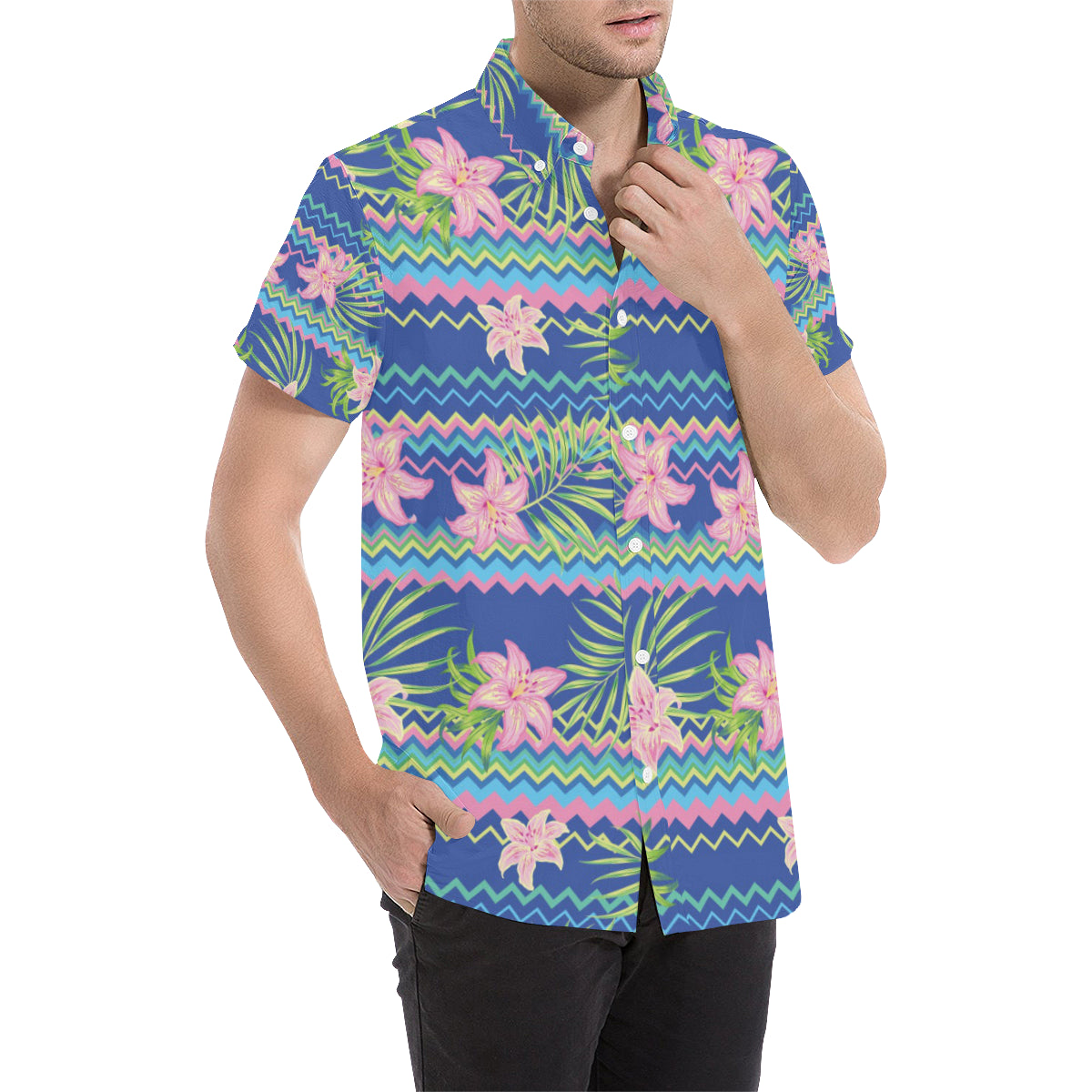 Lily Pattern Print Design LY015 Men's Short Sleeve Button Up Shirt