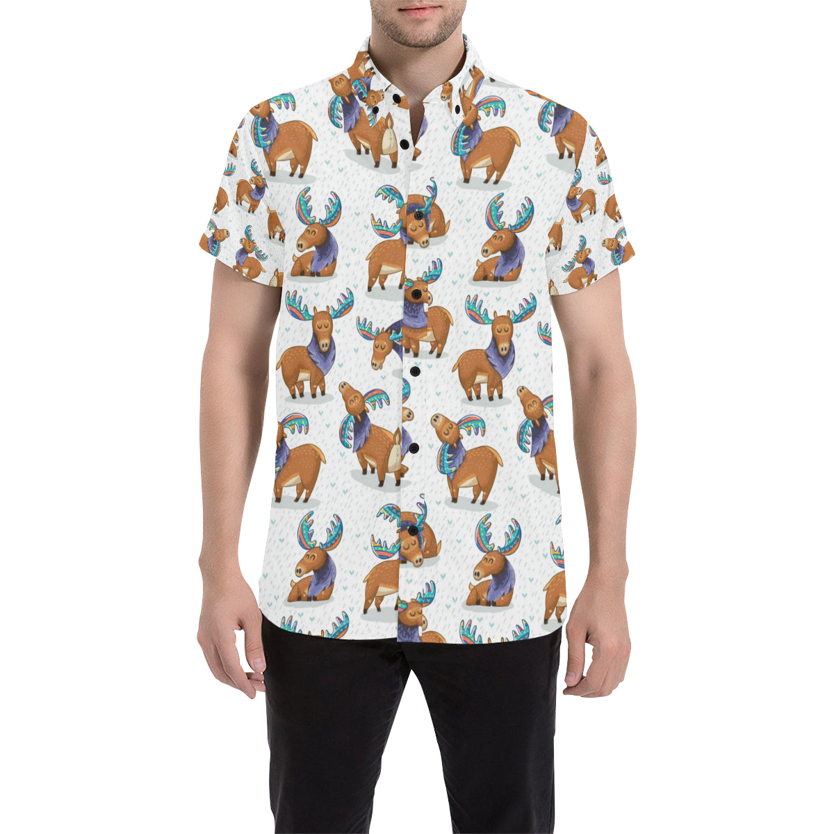 Moose Cute Pattern Print Design 01 Men's Short Sleeve Button Up Shirt
