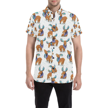 Moose Cute Pattern Print Design 01 Men's Short Sleeve Button Up Shirt