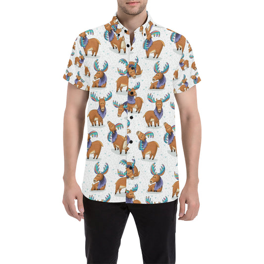 Moose Cute Pattern Print Design 01 Men's Short Sleeve Button Up Shirt