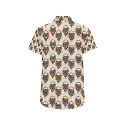 Wolf Tribal Dream Catcher Design Print Men's Short Sleeve Button Up Shirt