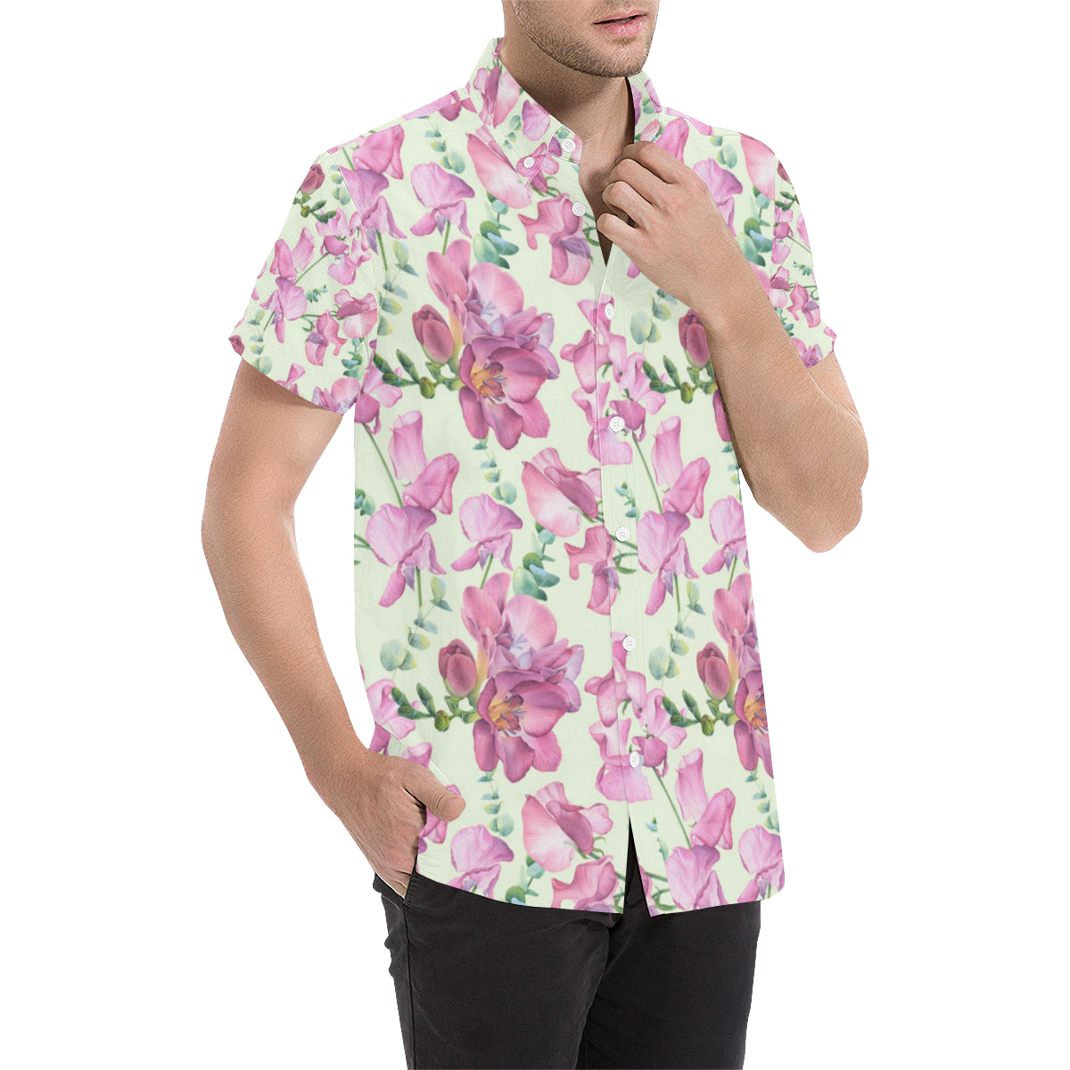 Peony Pattern Print Design PE011 Men's Short Sleeve Button Up Shirt