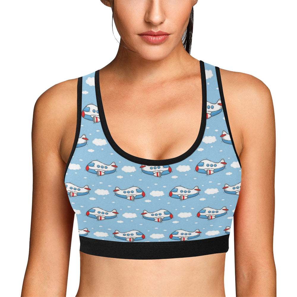 Airplane Cartoon Pattern Print Design 07 Sports Bra