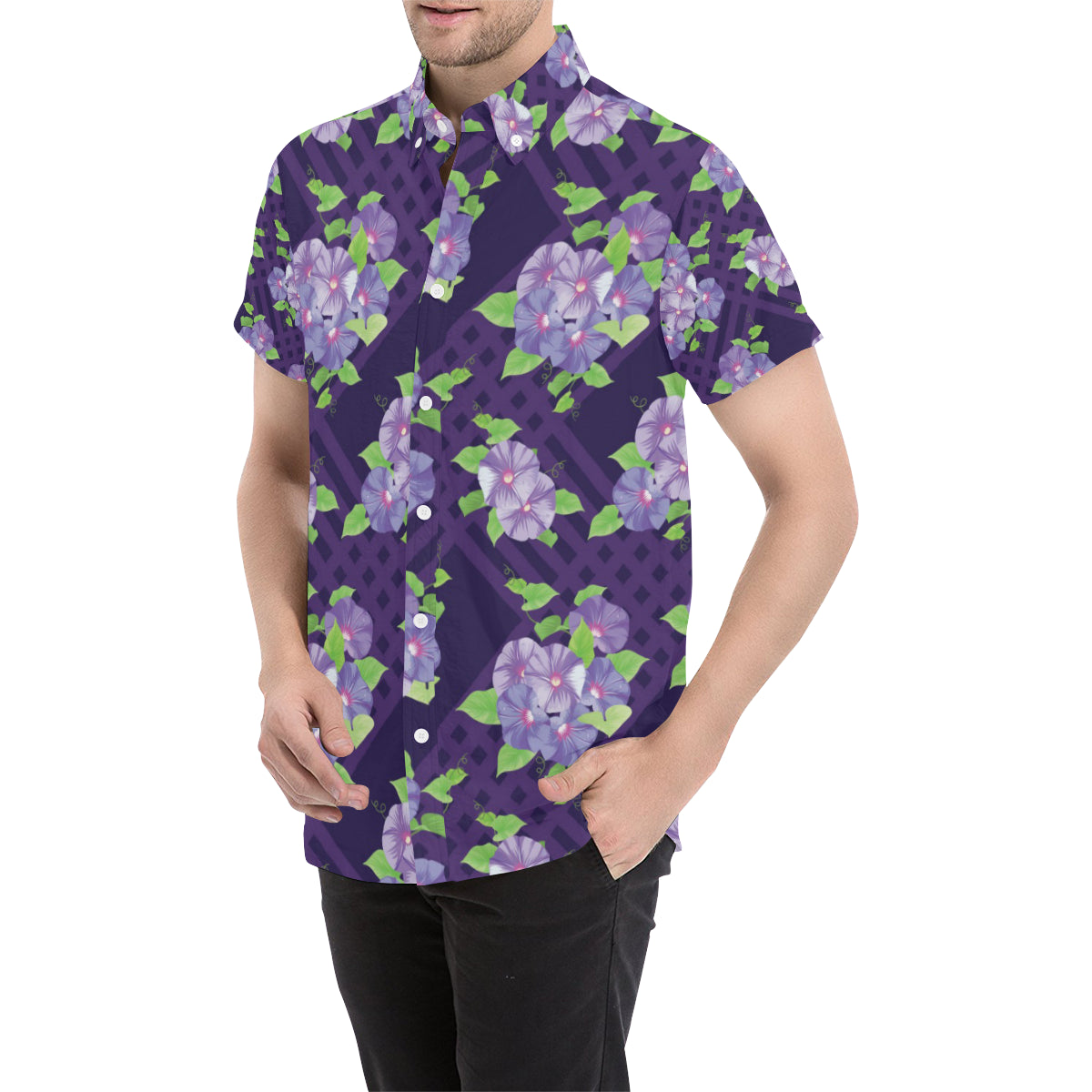 Morning Glory Pattern Print Design MG03 Men's Short Sleeve Button Up Shirt