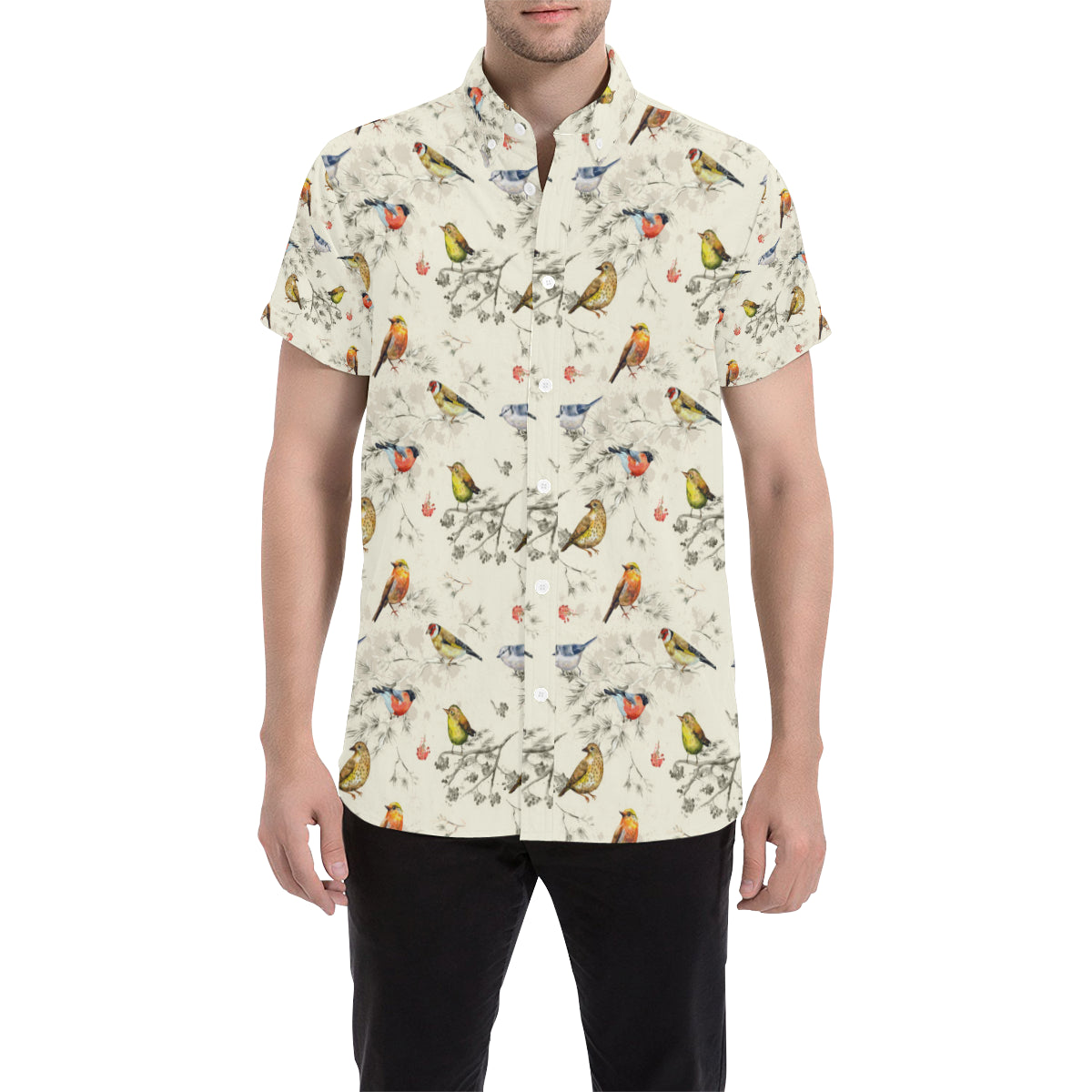 Bird Watercolor Design Pattern Men's Short Sleeve Button Up Shirt