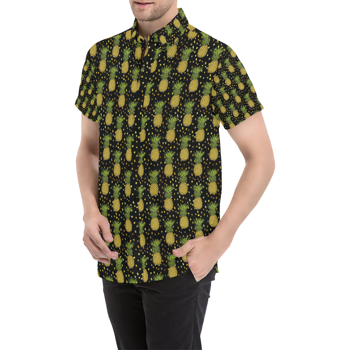 Pineapple Gold Dot Themed Print Men's Short Sleeve Button Up Shirt