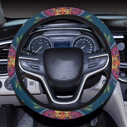 lotus Boho Pattern Print Design LO04 Steering Wheel Cover with Elastic Edge