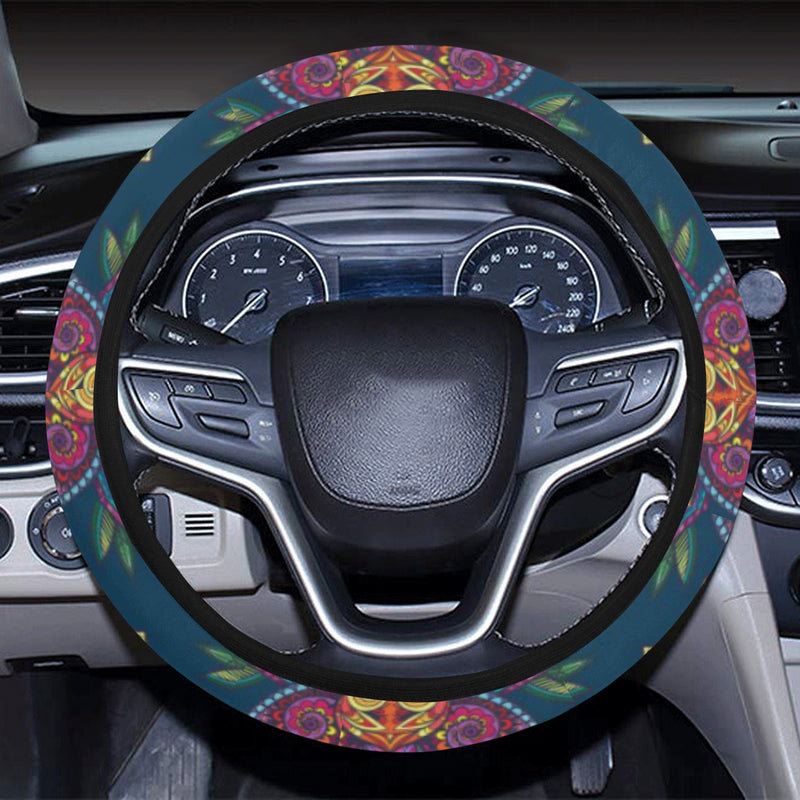 lotus Boho Pattern Print Design LO04 Steering Wheel Cover with Elastic Edge