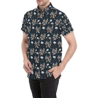 Dream Catcher Boho Floral Style Men's Short Sleeve Button Up Shirt