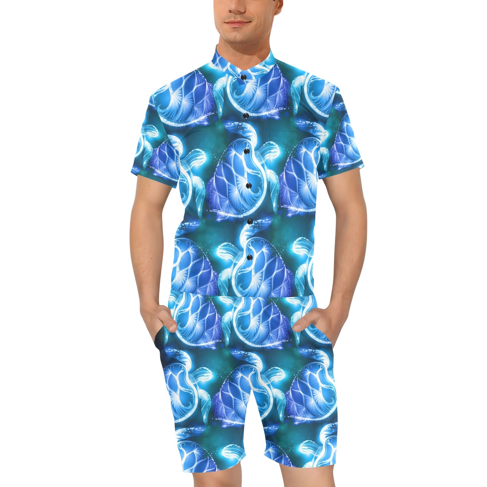 Blue Neon Sea Turtle Print Men's Romper