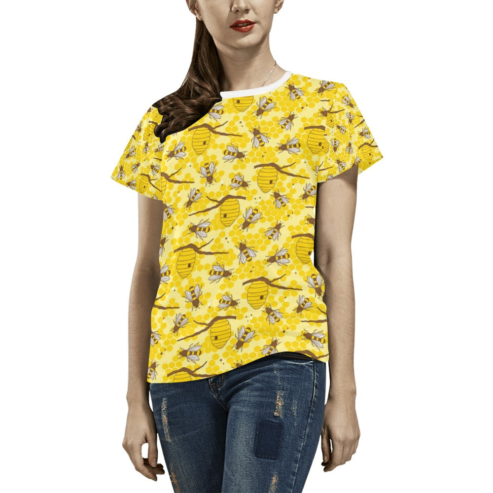 Bee With Honeycomb Print Design LKS302 Women's  T-shirt