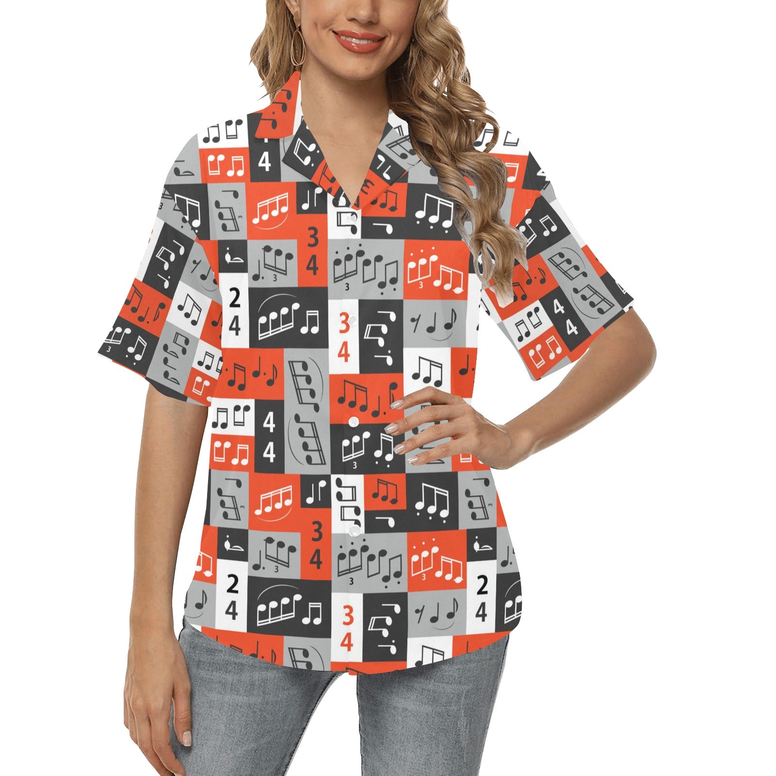 Music Note Design Themed Print Women's Hawaiian Shirt