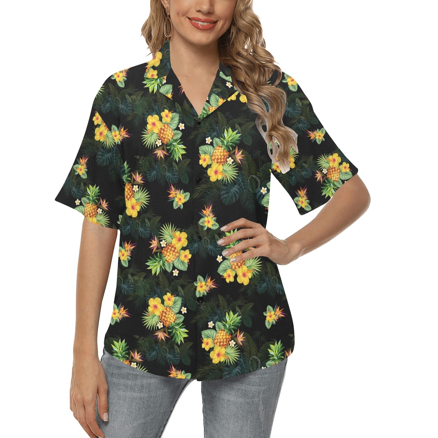 Pineapple Tropical Flower Print Pattern Women's Hawaiian Shirt