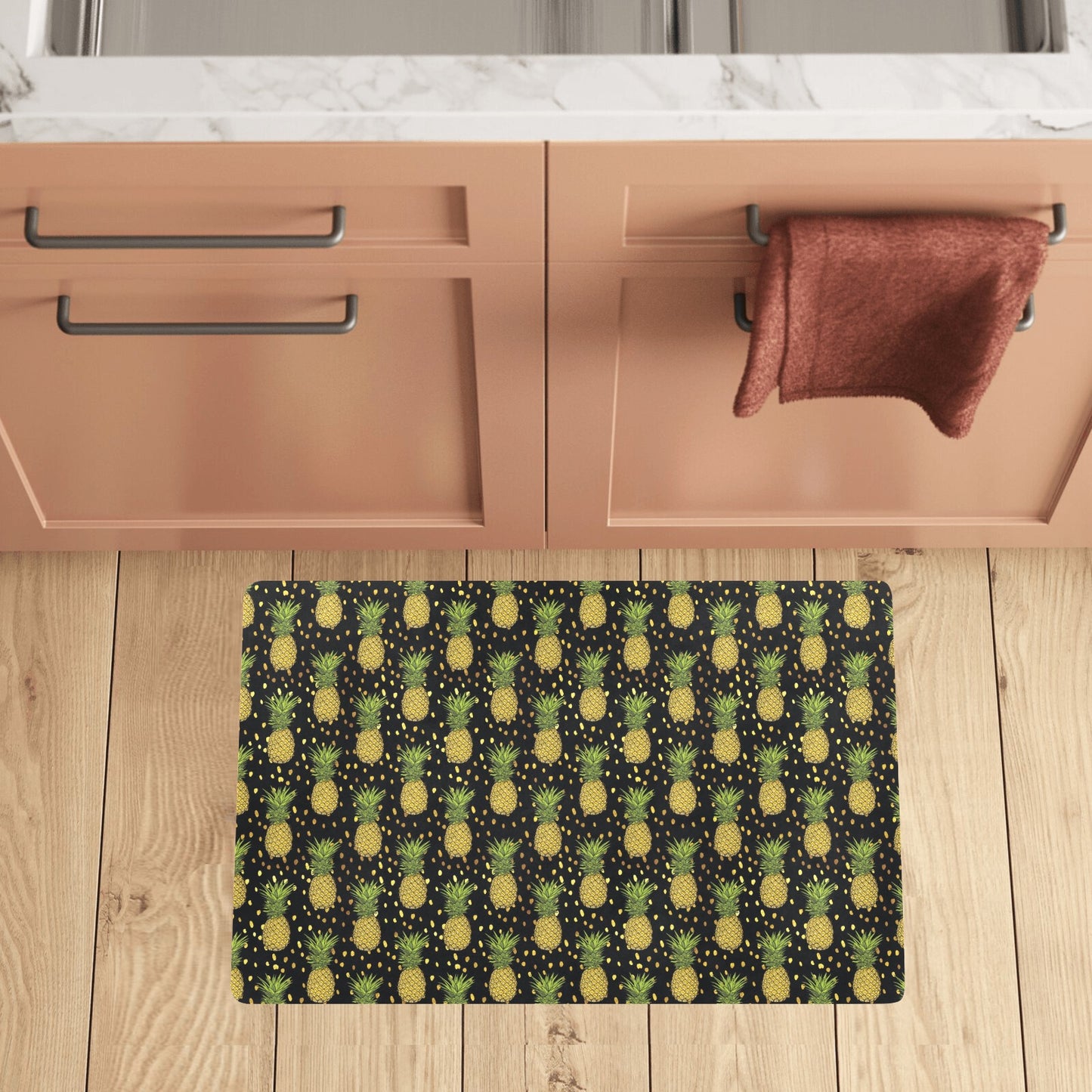 Pineapple Gold Dot Themed Print Kitchen Mat