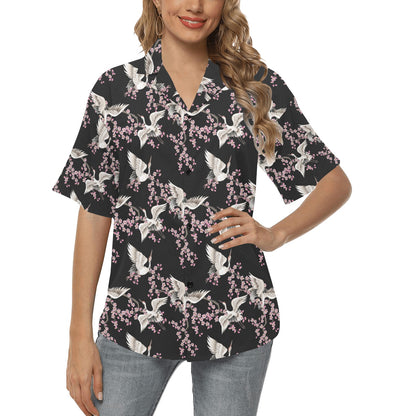 Crane Pattern Print Design 01 Women's Hawaiian Shirt