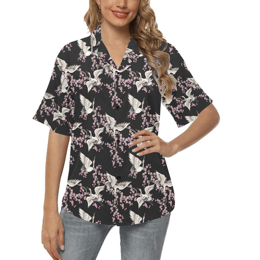 Crane Pattern Print Design 01 Women's Hawaiian Shirt