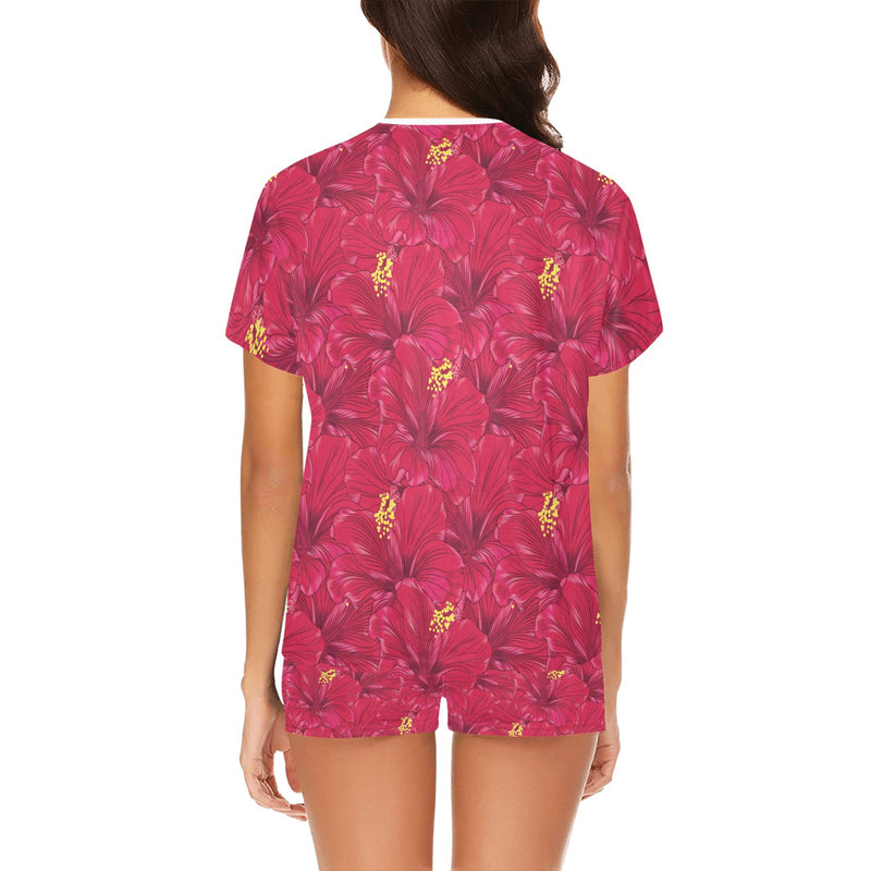 Hibiscus Red Pattern Print LKS308 Women's Short Pajama Set