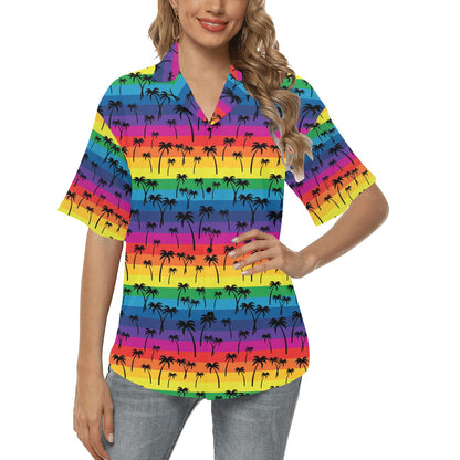 Palm Tree Rainbow Themed Print Women's Hawaiian Shirt
