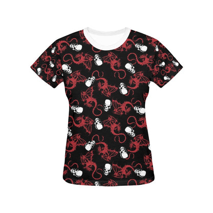 Skull With Red Dragon Print Design LKS304 Women's  T-shirt