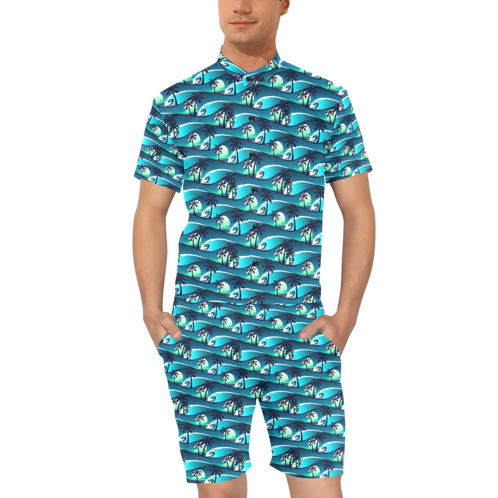 Beach Wave Design Print Men's Romper