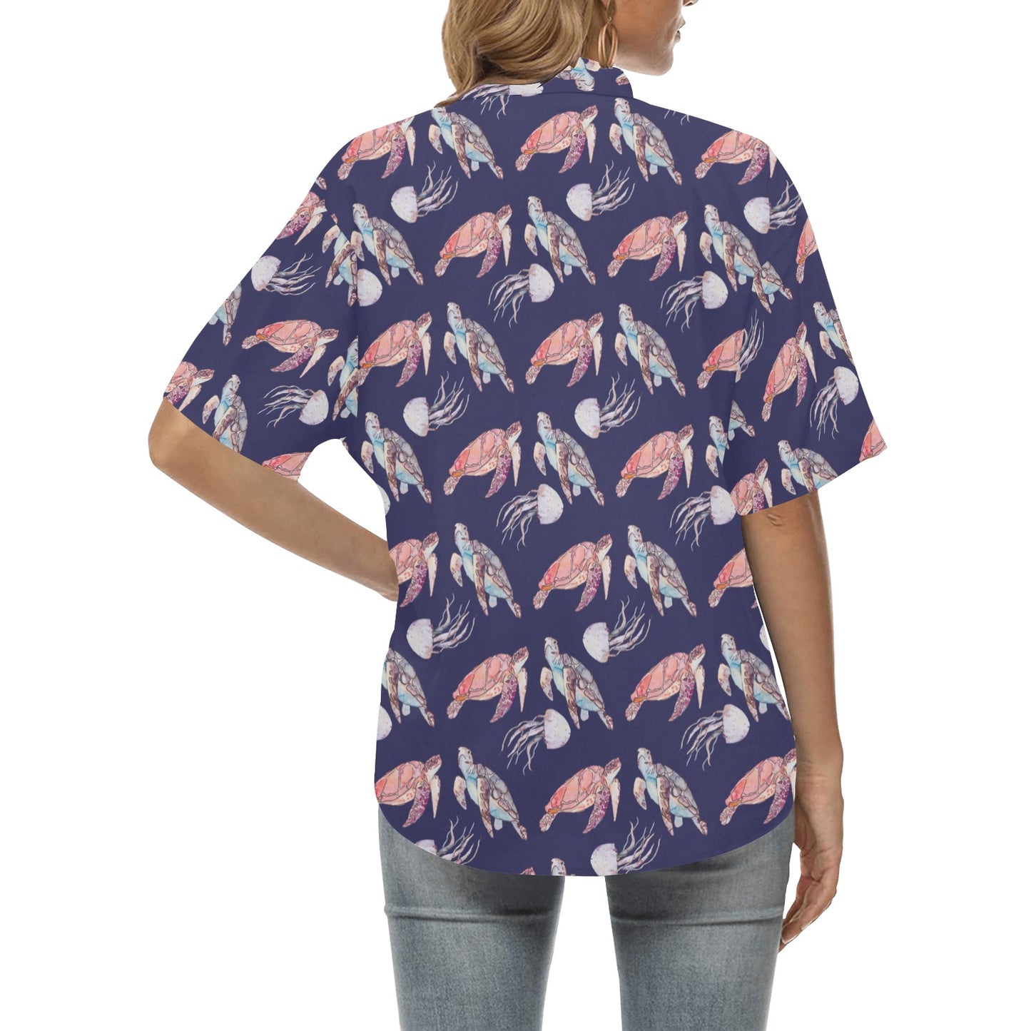 Sea Turtle With Jelly Fish Print Design LKS301 Women's Hawaiian Shirt