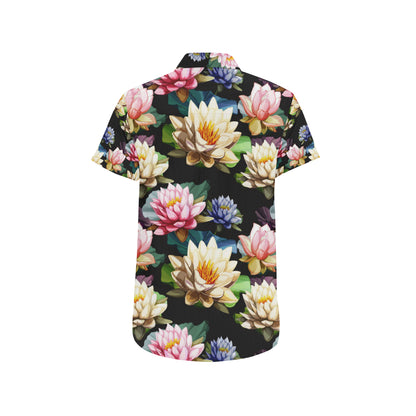 Water Lily Pattern Print Design WL02 Men's Short Sleeve Button Up Shirt