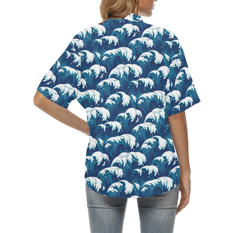 Ocean Wave Pattern Print Women's Hawaiian Shirt
