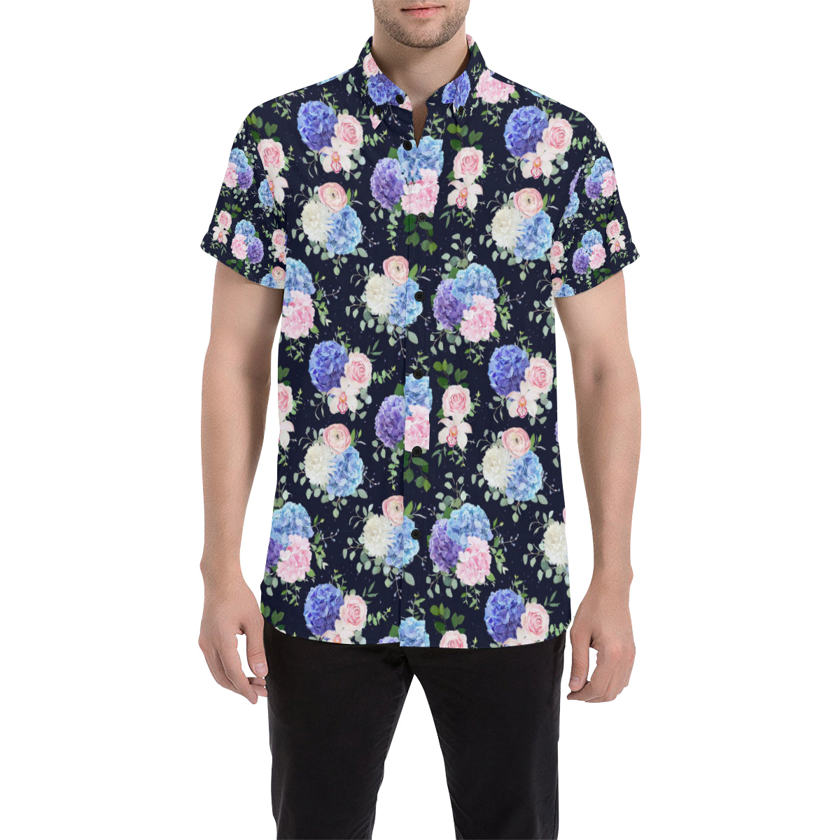 Hydrangea Pattern Print Design HD01 Men's Short Sleeve Button Up Shirt