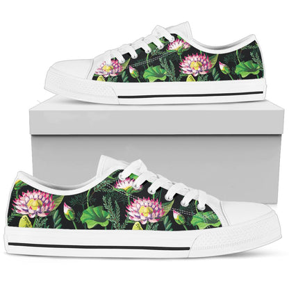 Water Lily Pattern Print Design WL010 White Bottom Low Top Shoes