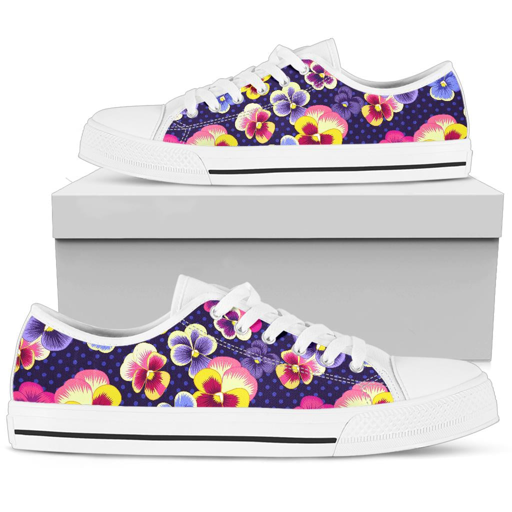Pansy Pattern Print Design PS04 White Bottom Low Top Shoes