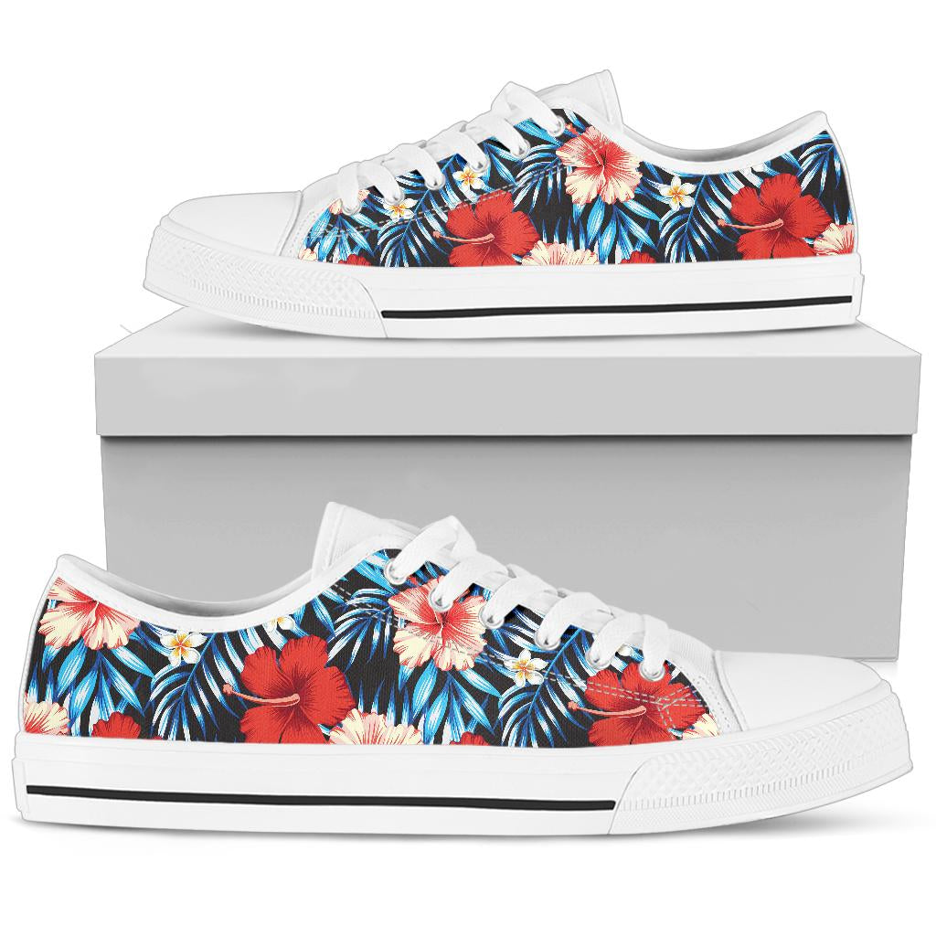 Red Hibiscus Blue Scene White Bottom Low Top Shoes