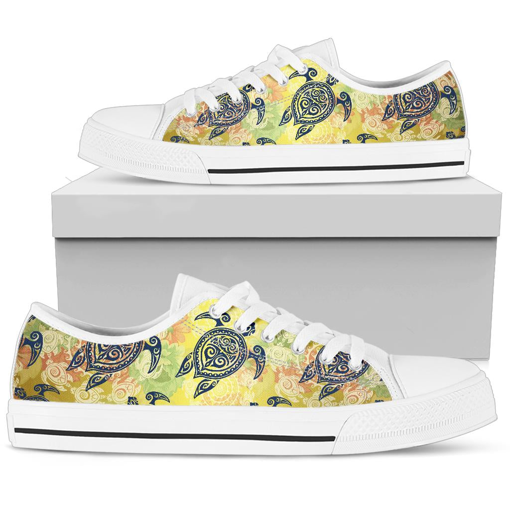 Hawaiian Turtle Tribal Design Print White Bottom Low Top Shoes