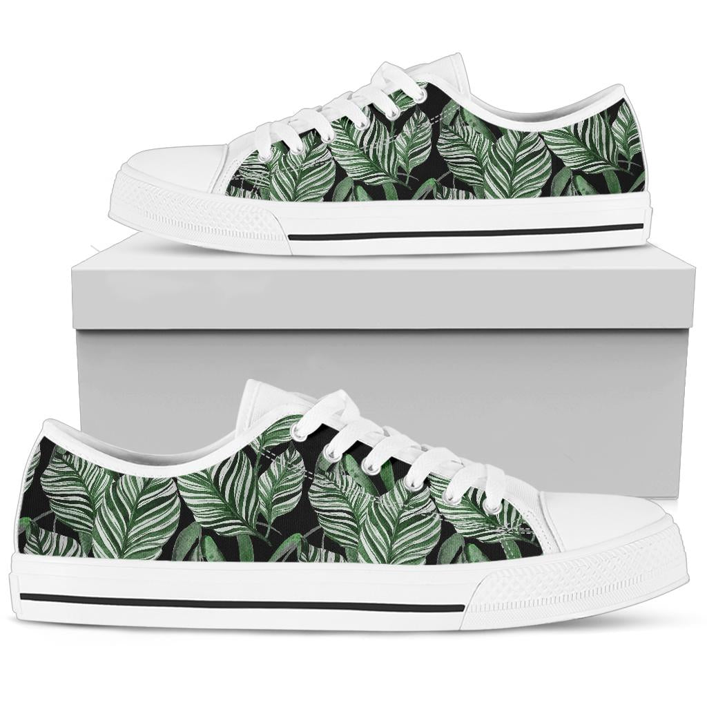 Palm Leaves Pattern Print Design PL09 White Bottom Low Top Shoes