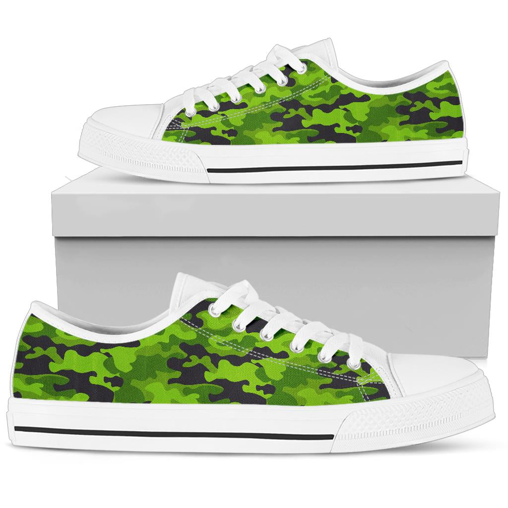 Green Kelly Camo Print White Bottom Low Top Shoes