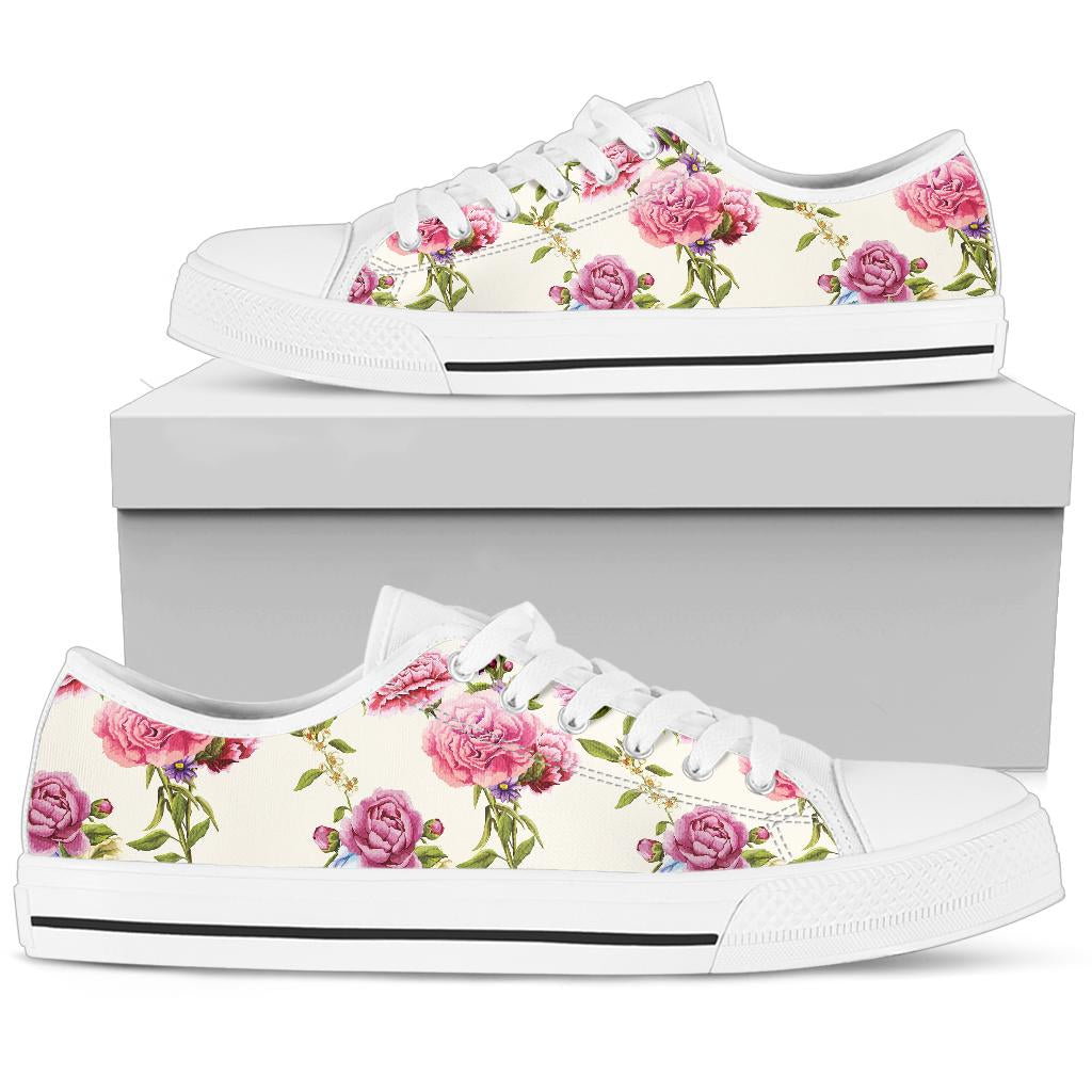 Carnations Pattern Print Design CN02 White Bottom Low Top Shoes
