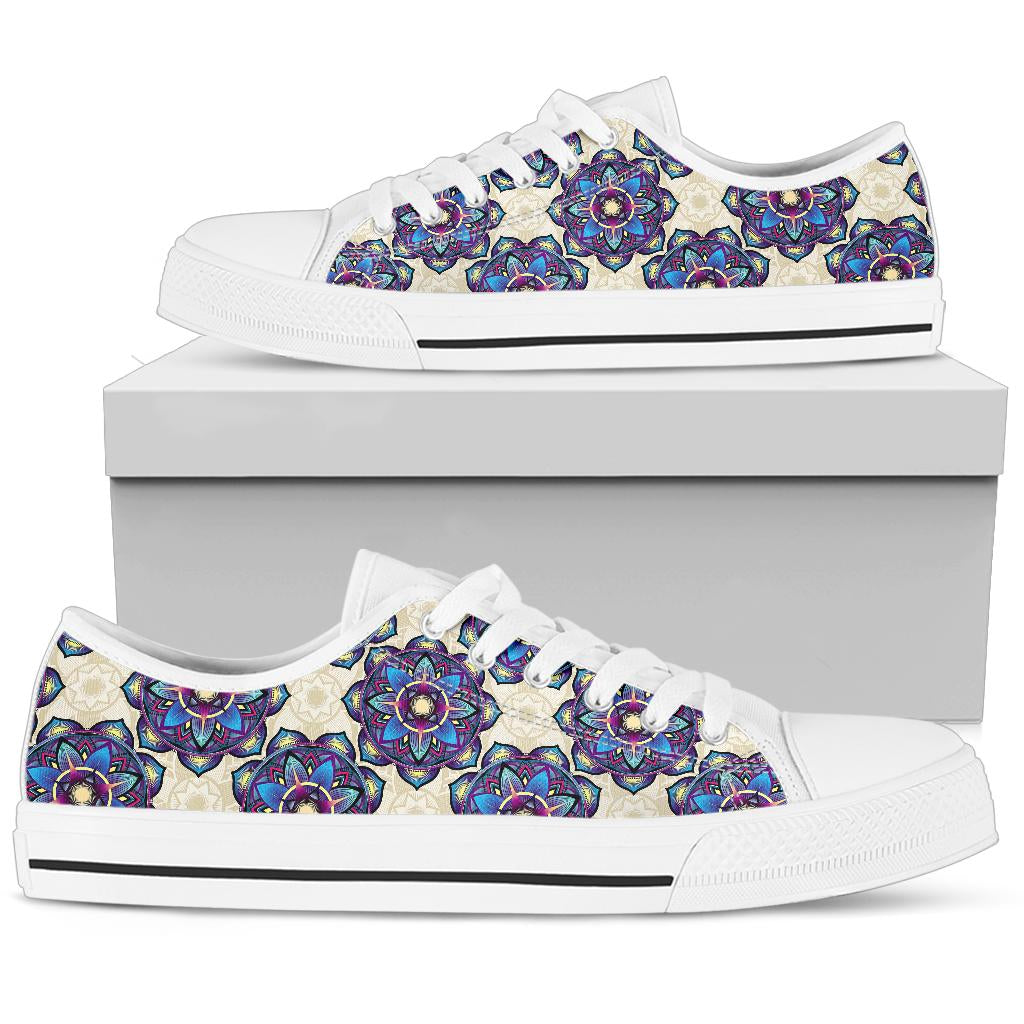 lotus Boho Pattern Print Design LO08 White Bottom Low Top Shoes