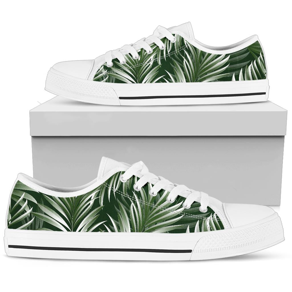 White Green Tropical Palm Leaves White Bottom Low Top Shoes