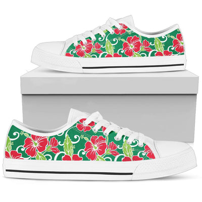 Red Hibiscus Pattern Print Design HB019 White Bottom Low Top Shoes