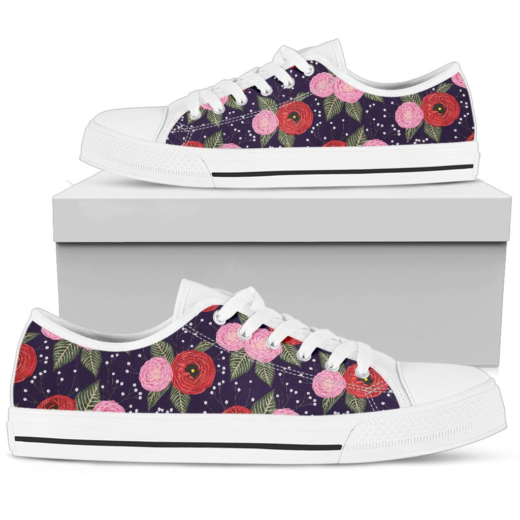 Camellia Pattern Print Design CM02 White Bottom Low Top Shoes